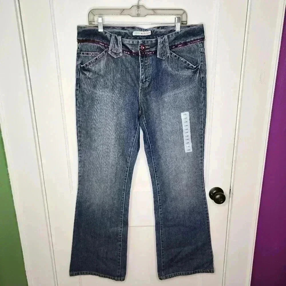 Tommy Hilfiger Womens Jeans Sz 14R 37x32 Y2K Flag Blue Flare Leg Beaded Jewel